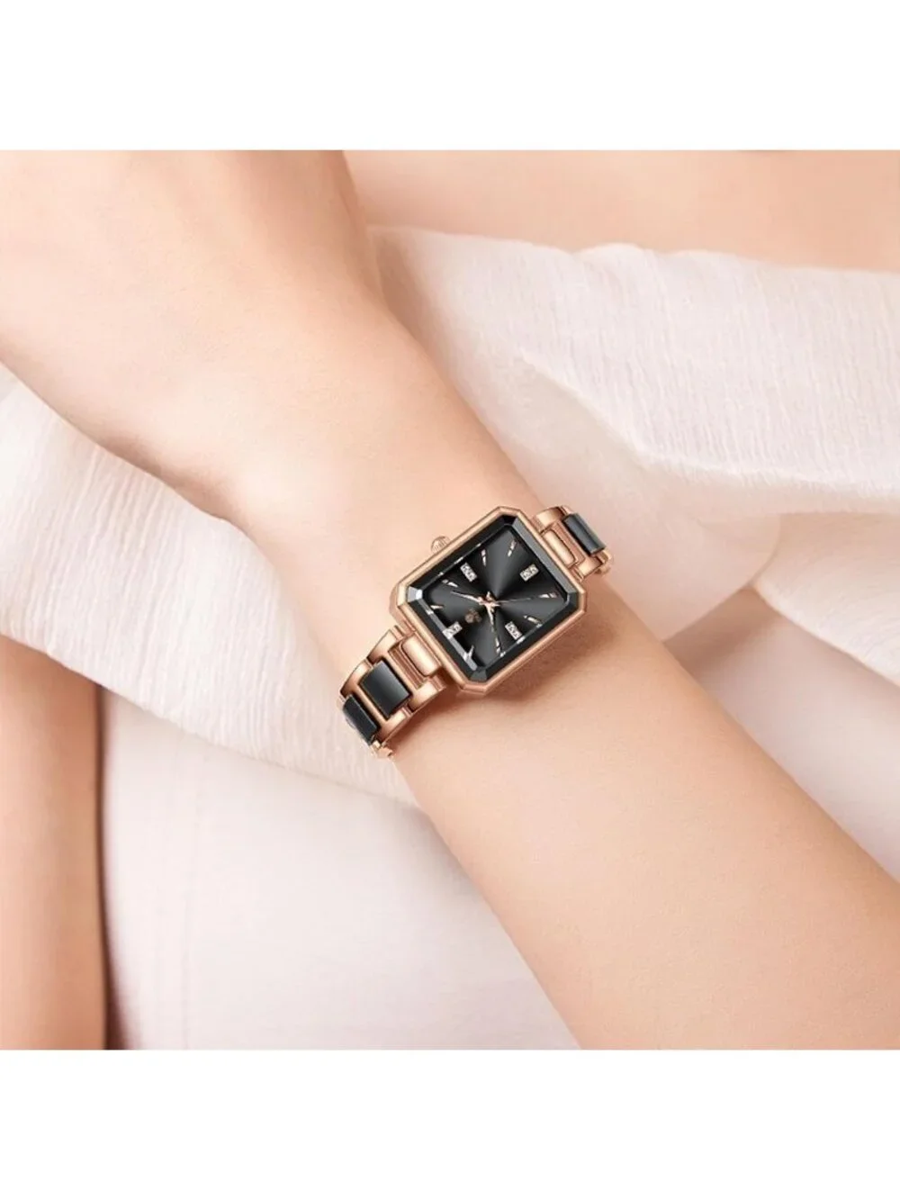 Women's Black Vintage Rectangular Dial Stylish Bracelet Waterproof Wrist Watch